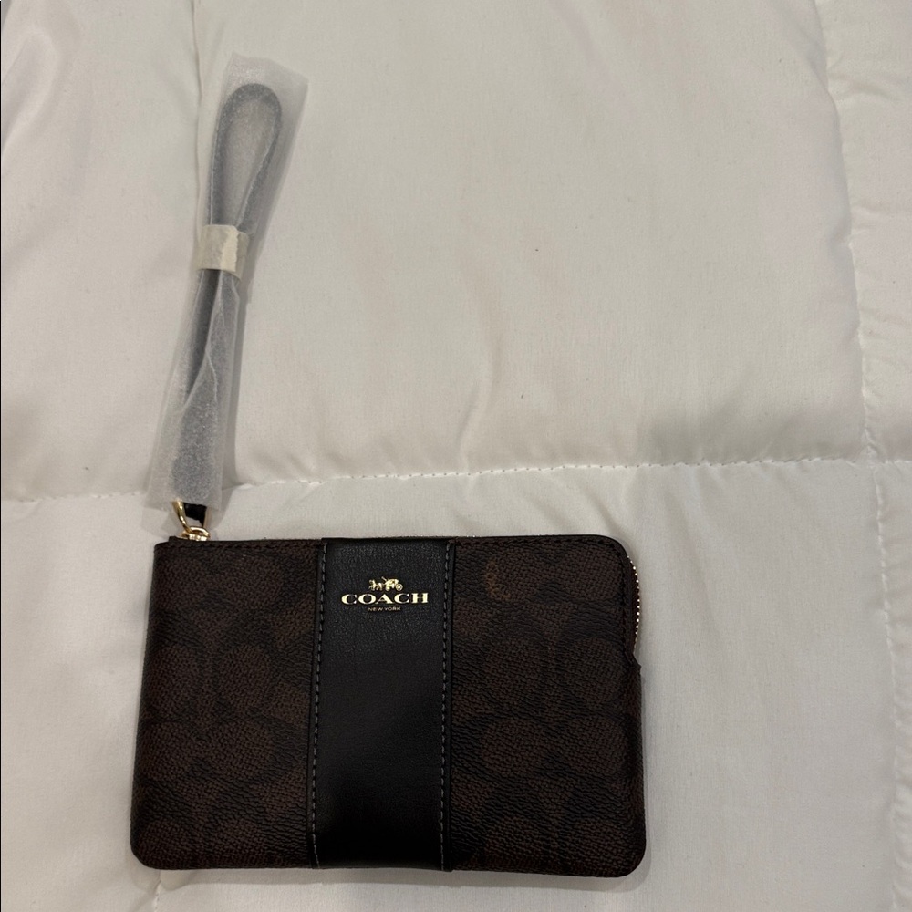 Coach Dark Brown Signature Wristlet with Black Center Stripe
